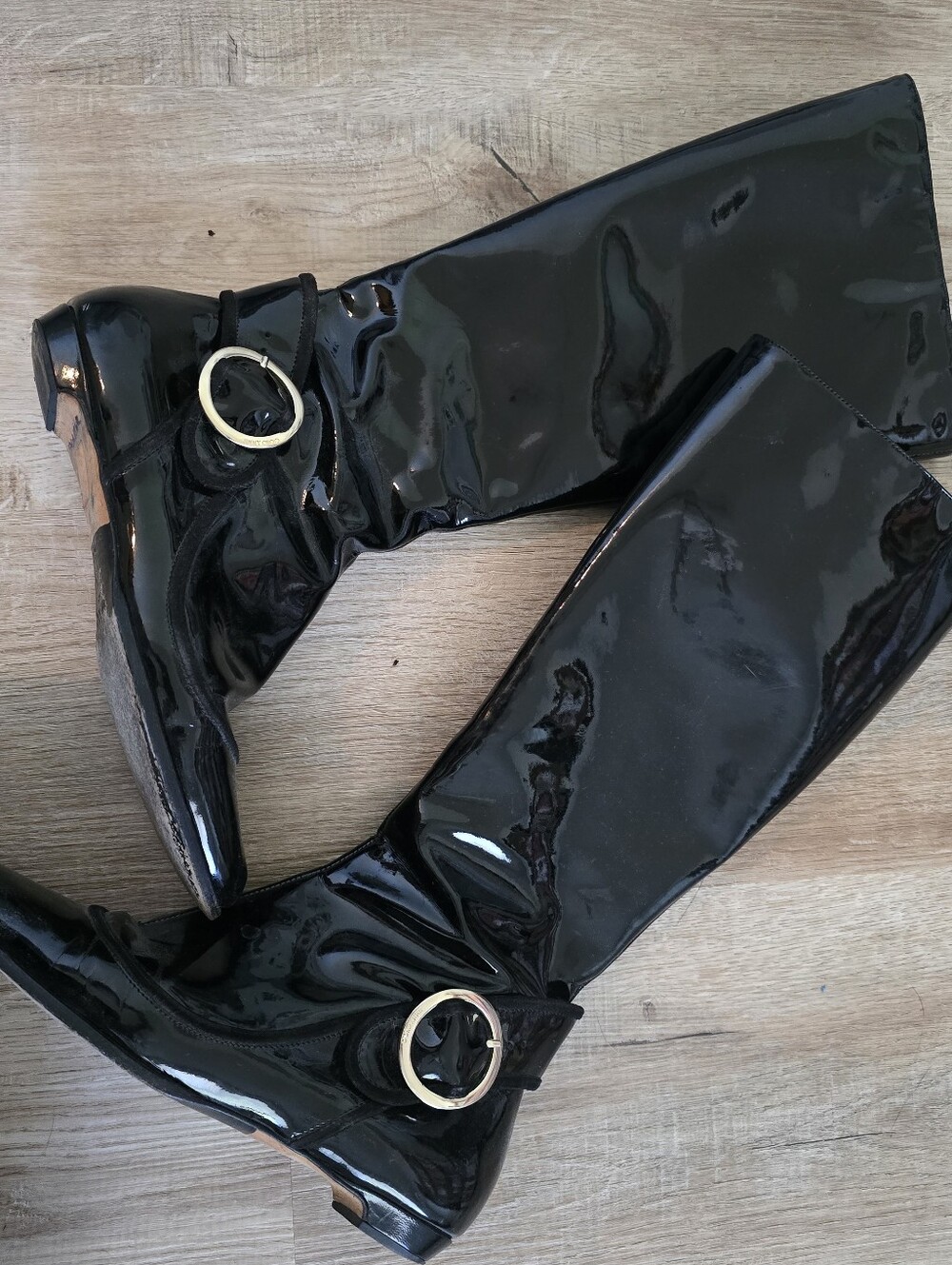 Jimmy Choo Patent Leather Black And Gold Riding Boots
